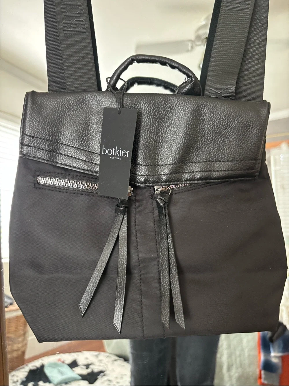 botkier Black Nylon Backpack with Faux-Leather Flap